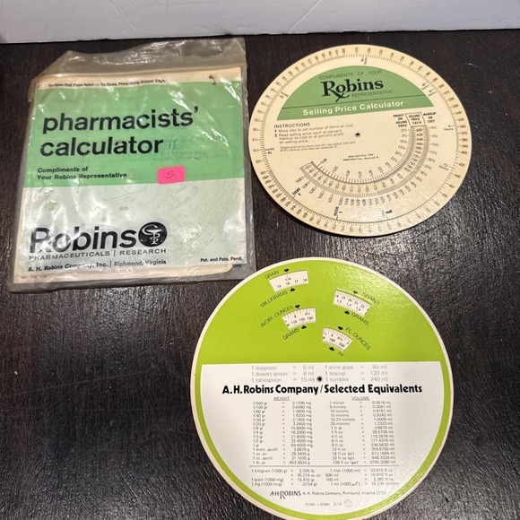 Other - Vintage‎ PHARMACEUTICALS 2 Profit Calculators /ROBINS USA MADE!